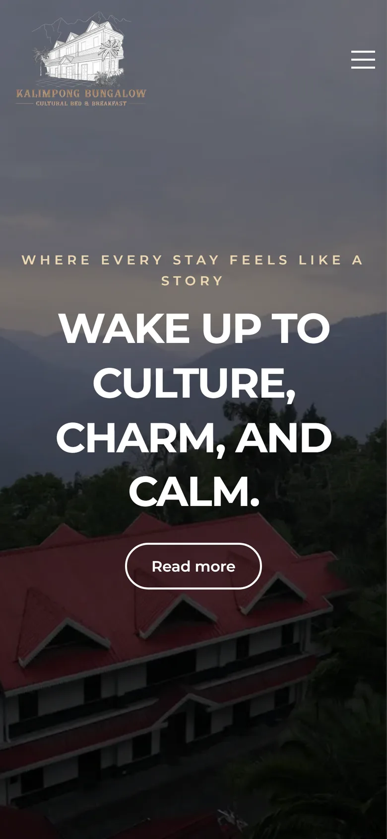 Kalimpong Bungalow website on a phone, showing the mobile homepage and booking button