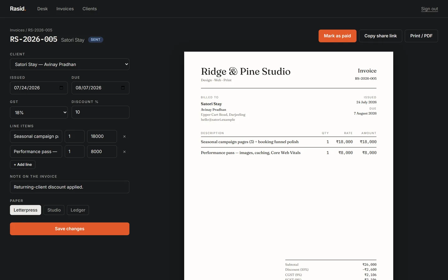 Rasid invoice editor with the form beside a live letterpress-style A4 invoice preview