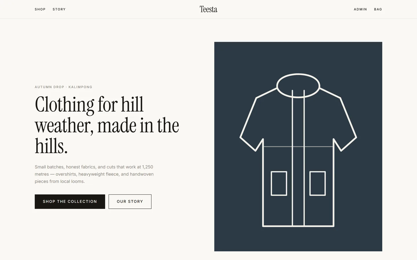 Teesta clothing store homepage showing the hero garment illustration and shop call-to-action