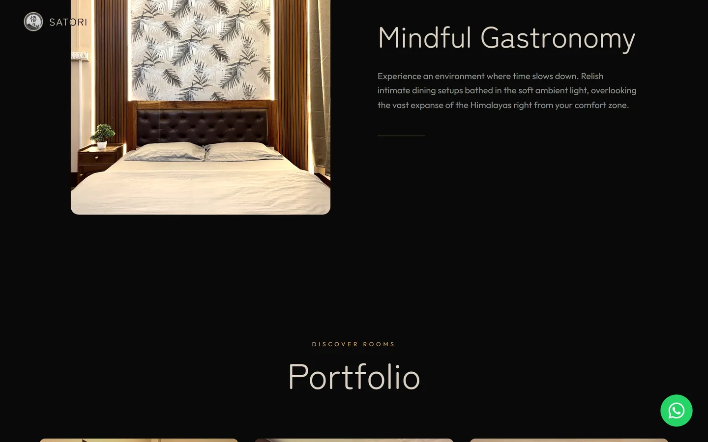 Satori Stay website further down the page, showing rooms and rates