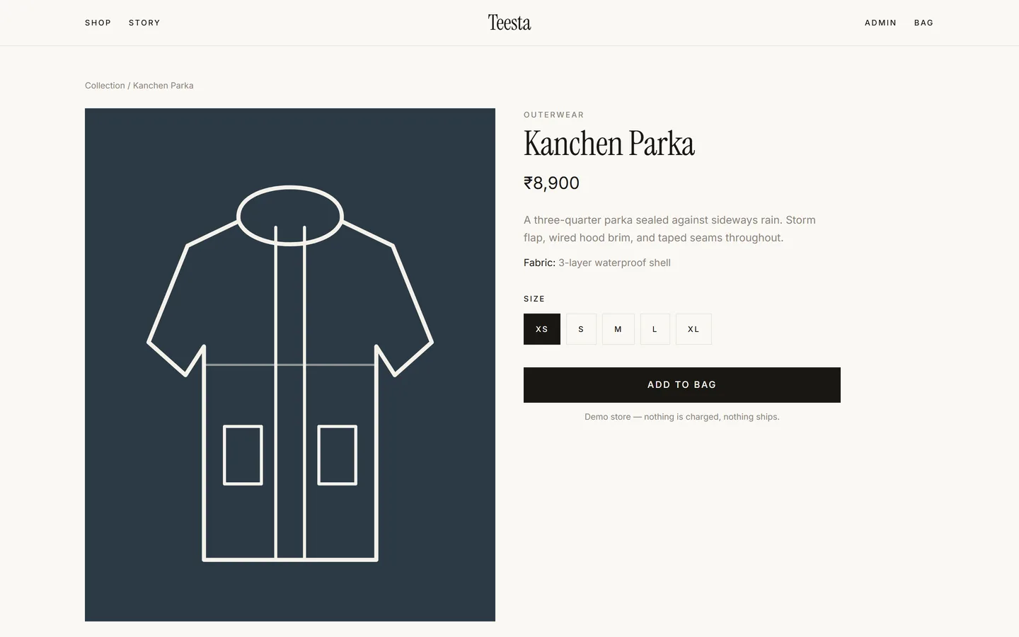 Teesta product page for the Kanchen Parka with size selection and add-to-bag button