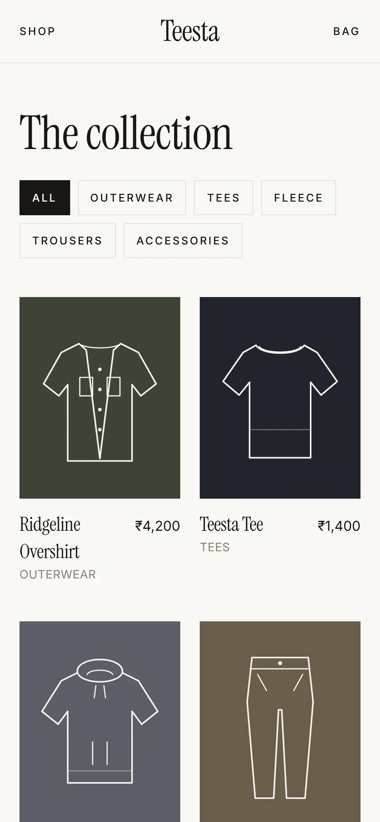 Teesta collection page on a phone, showing the product grid with category filters